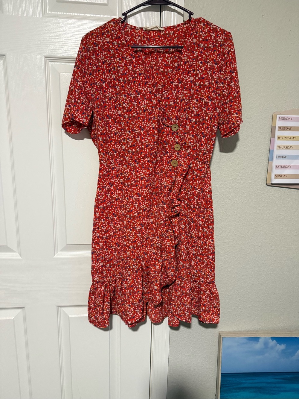 Peach Love California Red Floral Midi Dress with Ruffle Trim
